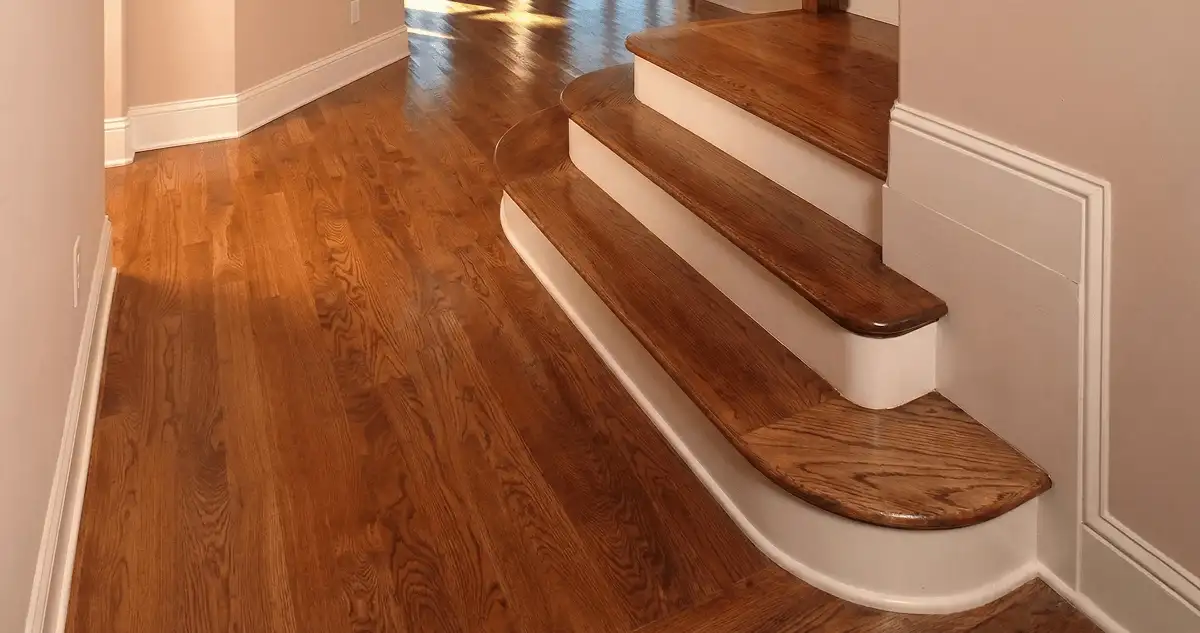 Base floor of a staircase with professionally restored wood flooring in Fort Lauderdale FL