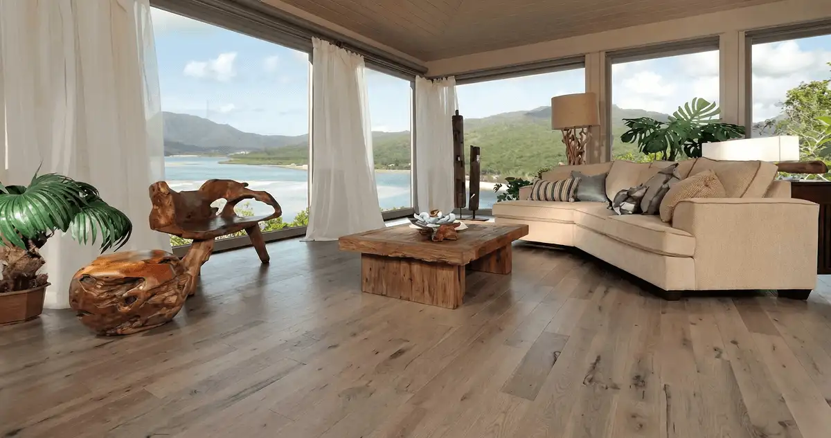 Professionally installed vinyl flooring in a modern living room with large windows in Fort Lauderdale, FL